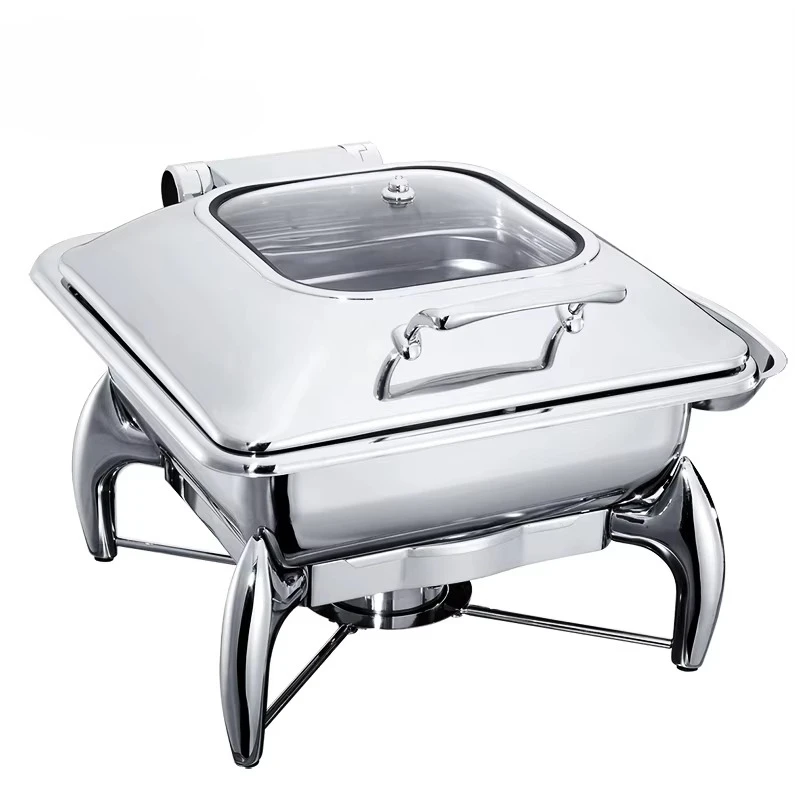 Stainless Steel Buffet Food Warmer Glass Lid Square Hot Pot
