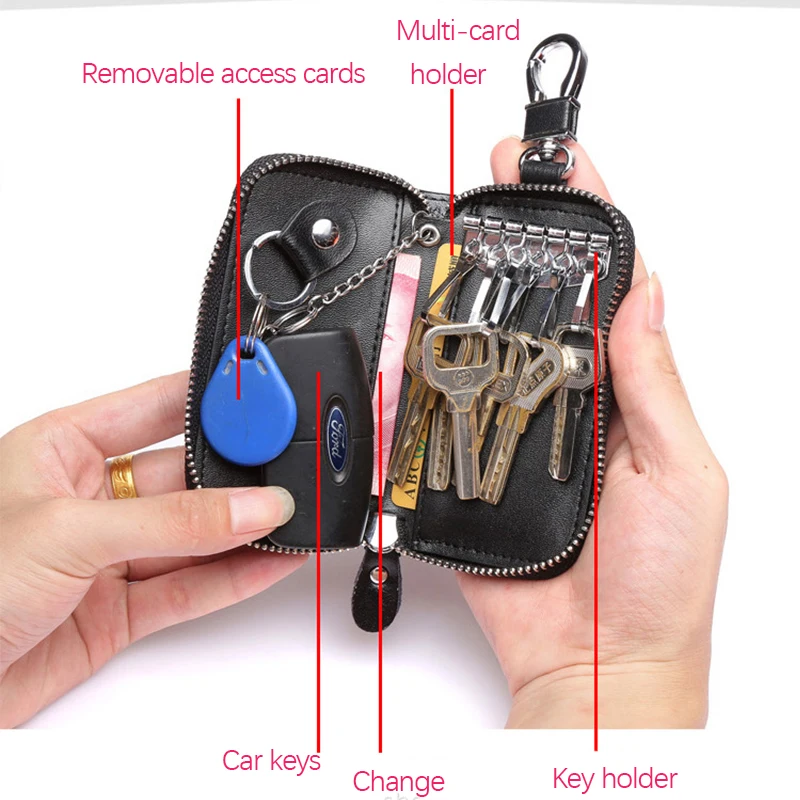 Mini llavero de cuero con cremallera para hombre y mujer, cartera organizadora para llaves de coche, tarjetero