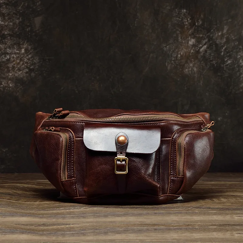 Cowhide Men\'s Chest Bag Real-Leather Bag Large Capacity Waist Pack Street Fashion Retro Shoulder Messenger Bag Dumpling Fashion