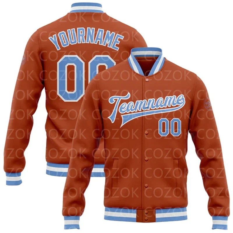 Chaqueta con botones de béisbol con estampado 3D naranja personalizada, chaqueta Bomber Full-Snap Varsity Letterman