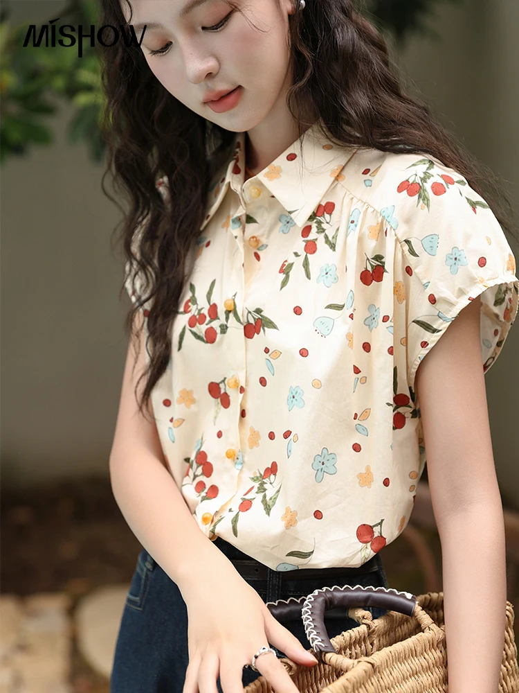 

MISHOW Apricot Floral Temperament Lapel Retro Shirt for Women 2024 Summer Hong Kong Short Sleeved 100 Cotton Slim Top MXD30C0255