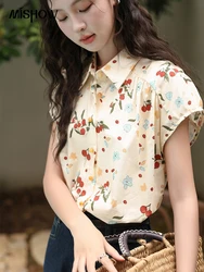 Mishow damasco floral temperamento lapela camisa retro para as mulheres 2024 verão hong kong manga curta 100 algodão fino topo mxd30c0255