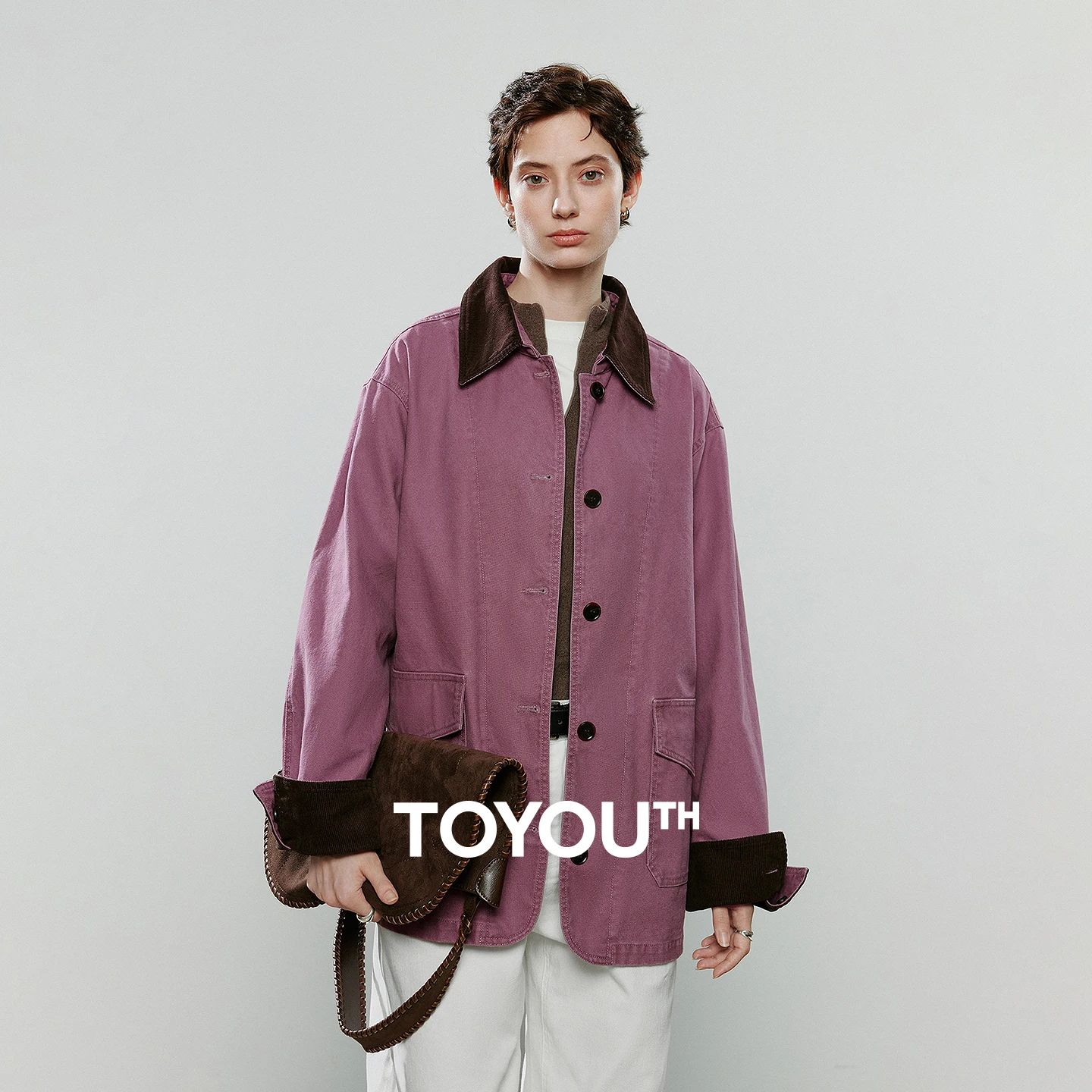 

TOYOUTH Women Coats 2025 Winter NewAsymmetric Mid-Length Raspberry Pink Pure Cotton Retro Contrast-Stitch Top