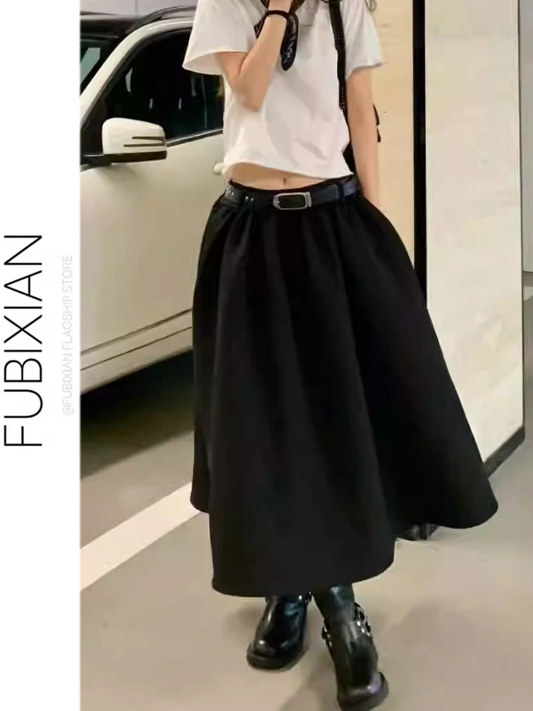 

Date Night Midi Skirt Bla Vintage Slimming High Waist Puffy f-length Versatile Simple Sli Low Waist Polyester Fiber