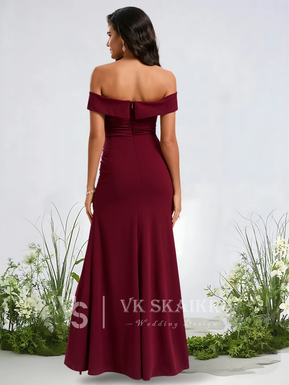 Abiti da damigella d'onore a sirena a tromba B con spalle scoperte Crepe elasticizzato al pavimento con abiti da festa per invitati a un matrimonio senza spalline con volant