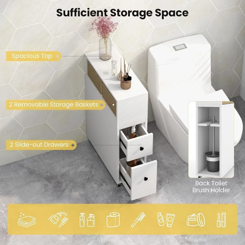 خزانة تخزين الحمام الضيقة المتدحرجة مع درجين وسلتين لمنظم جانبي