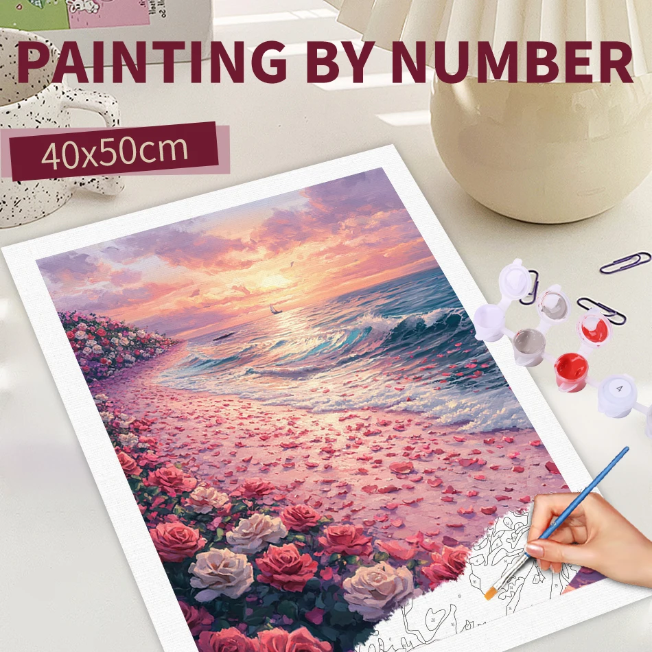 

RUOPOTY Painting By Numbers With Frame 40x50cm Kits Beach Landscape Picture By Numbers For Home Decors Handpainted Diy Gift