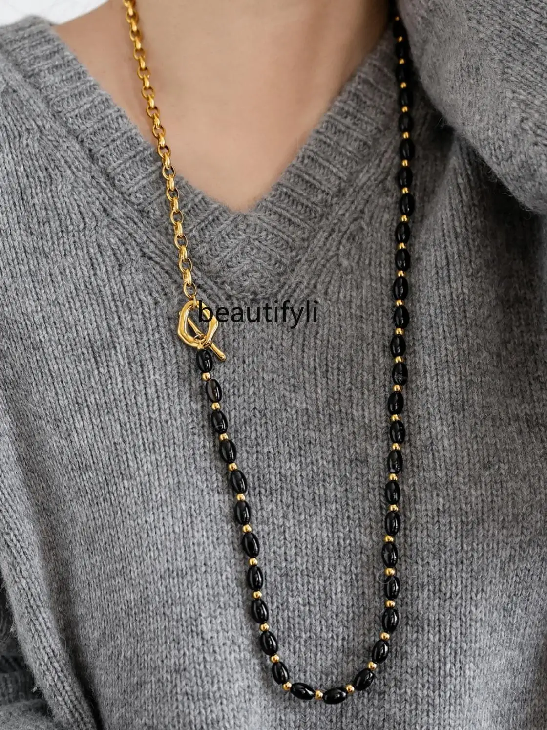 Long oval black agate gold splicing necklace light luxury design fashion neck chain retro irregular OT buckle