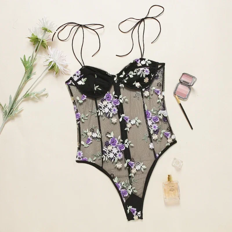 Sexy Pajamas Transparent Embroidery Printed Mesh Onesie Sexy Suit  Summer Dress   Sleepwear Women  Sexy Sleepwear  Lingerie