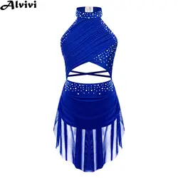 Kid Girl Modern Lyrical Dance Performance Costume Pattinaggio di figura Balletto Ginnastica Body Abito senza maniche Strass Dancewear