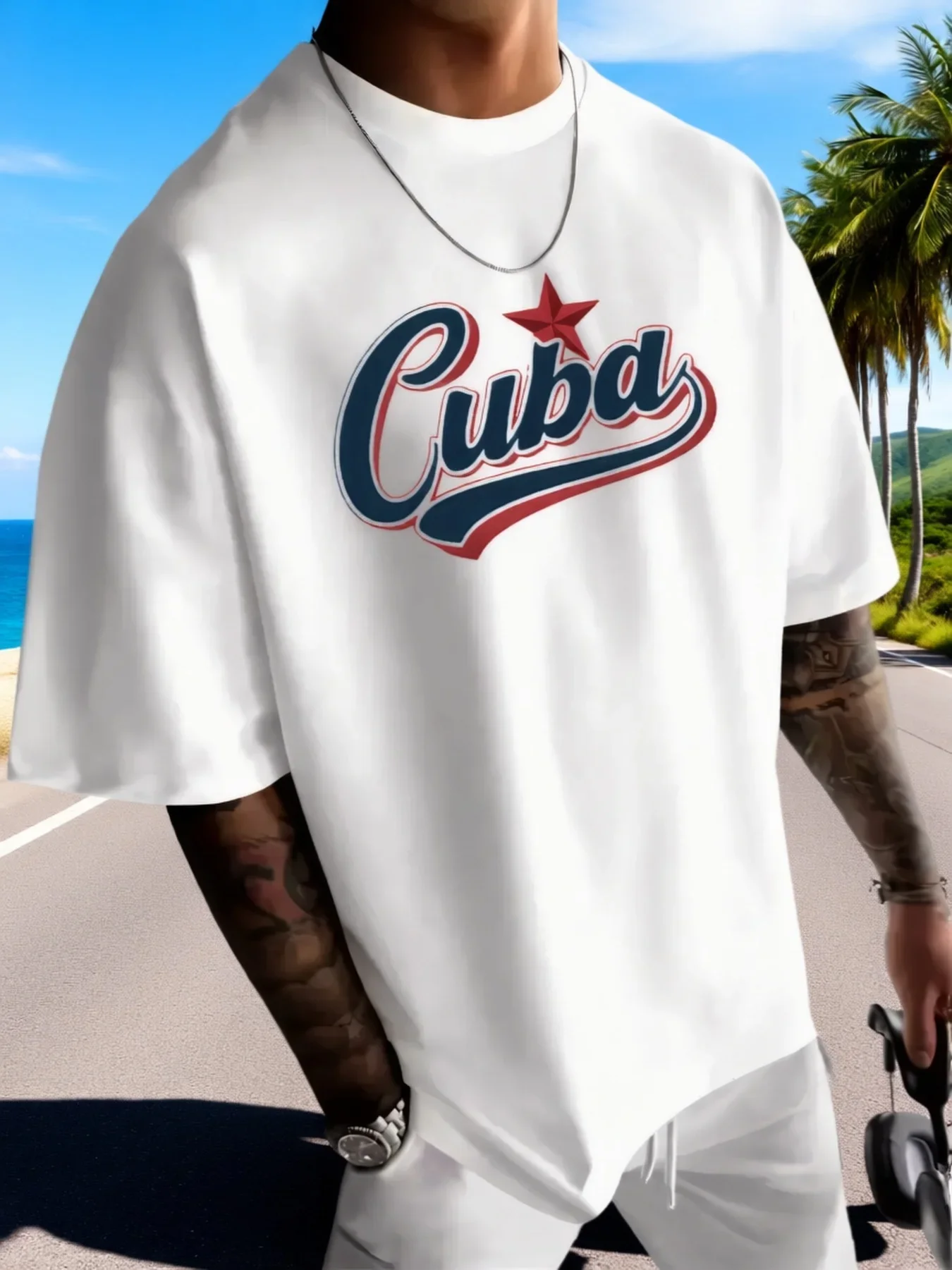 Vintage Cuba Script T Shirt Men Red Star Retro Country Letter Front Print Oversized 100% Cotton Beach Daily Casual Tee