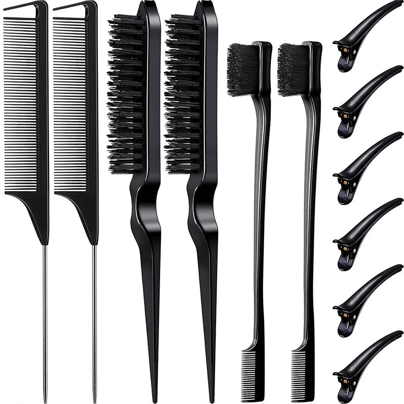 MAIZIUP Slick Back Hair Brush Set Bristle Hair Brush Brush Teasing Comb for Women Baby Kids Black Hair