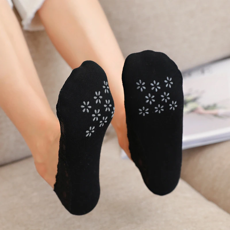 Calcetines invisibles de encaje para mujer, medias de silicona antideslizantes, Base de algodón, flor rosa, boca poco profunda, 5 pares