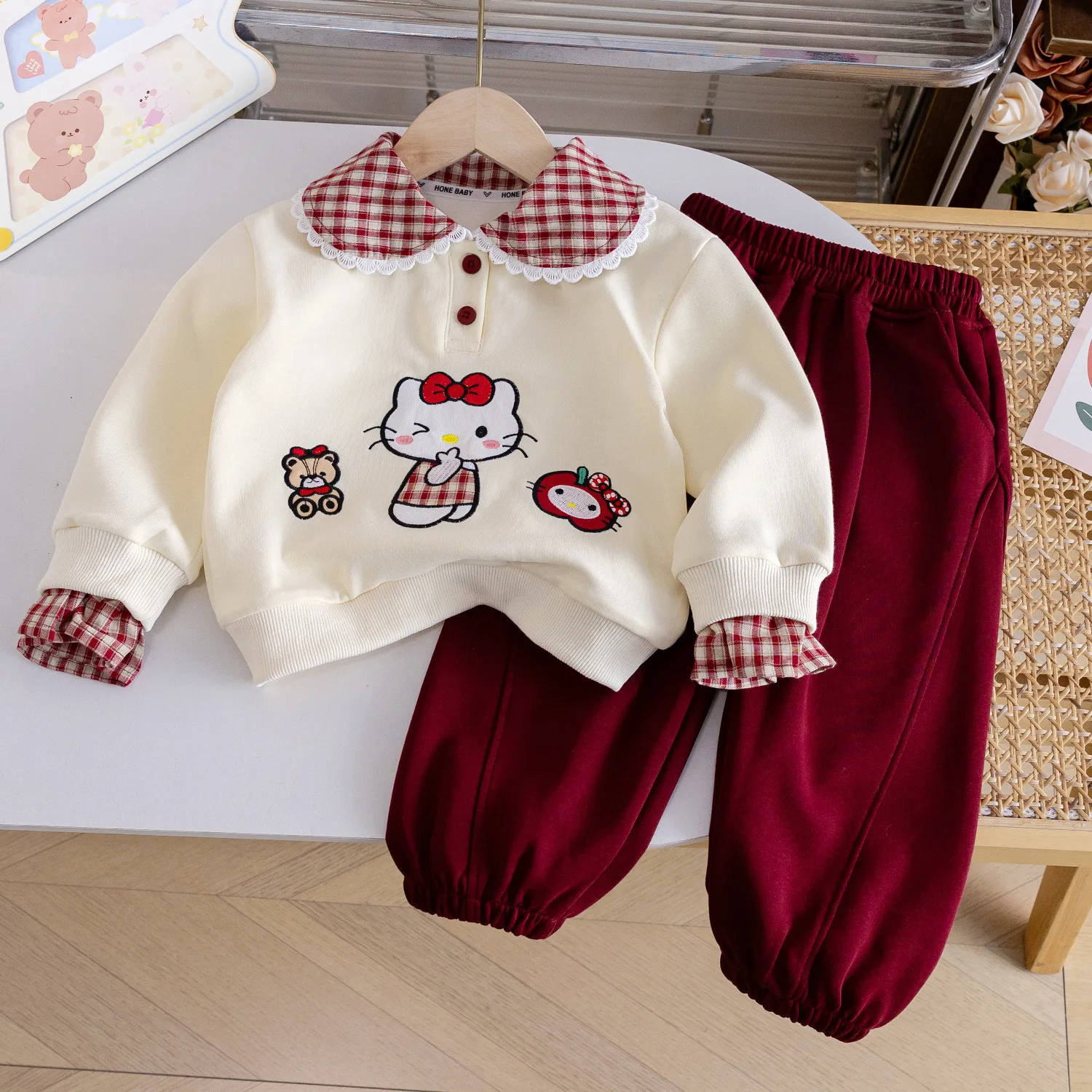 

Girls' Autumn Sweatshirt Set Plaid Doll Collar Hoodie Sports Pants 2 Pieces Sets Korean Cartoon Pattern Splicing Tops Sweatpants