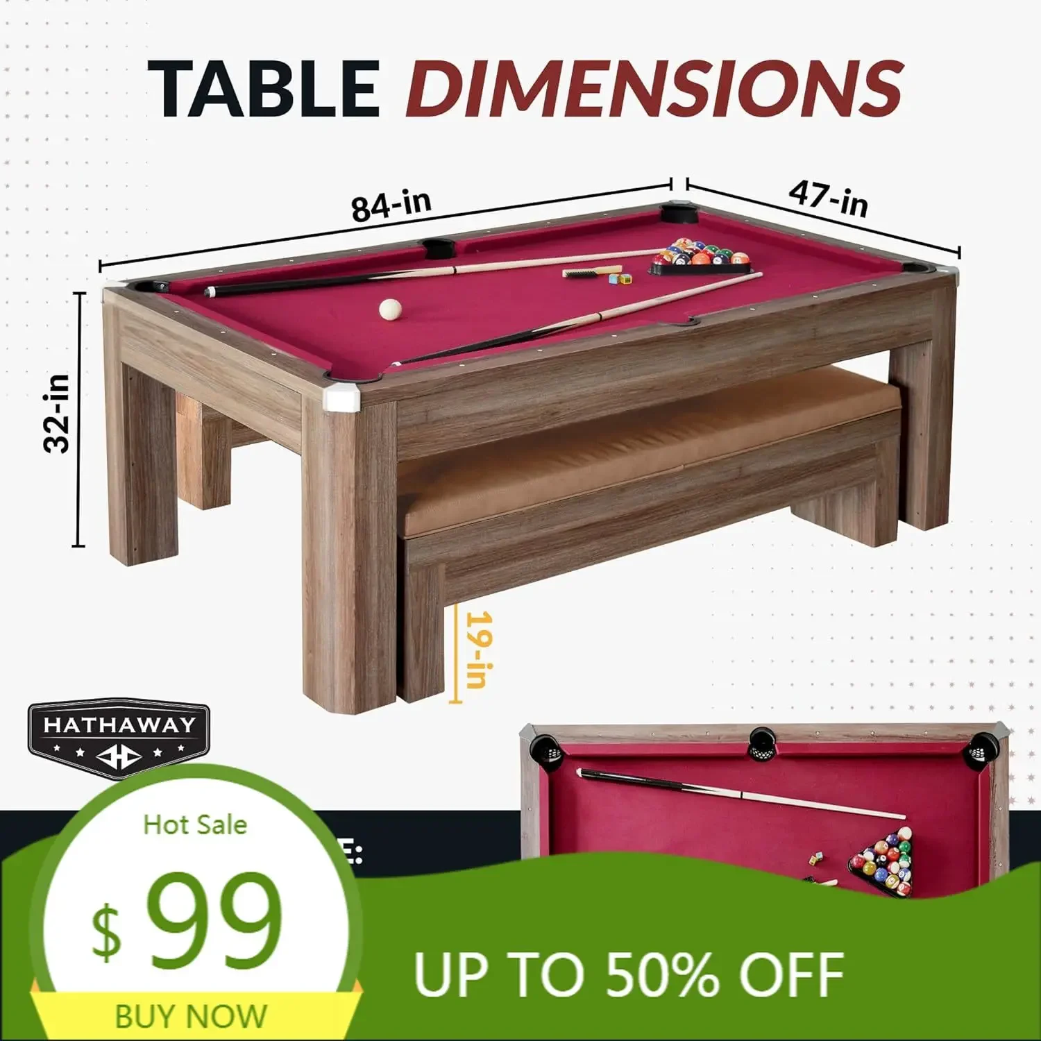 

Newport 7 Foot Dining Pool Table Combo with Game Accessories, & 2 Benches – Multifunctional Billiards Table with Ping Pong