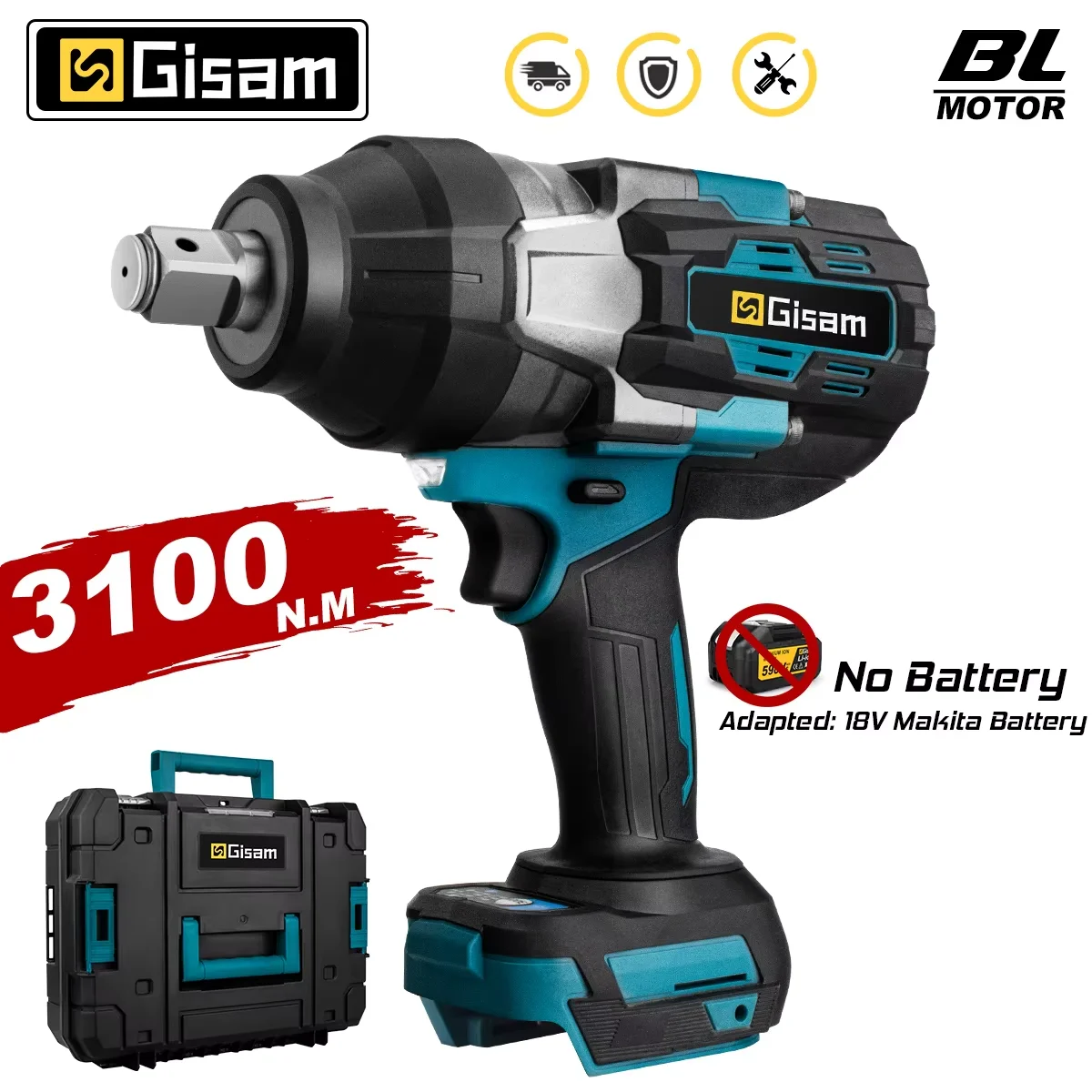 Gisam 3100N.M トルクブラシレス電動インパクトレンチ 3/4 インチコードレス電動レンチ電動工具互換マキタ 18V バッテリー