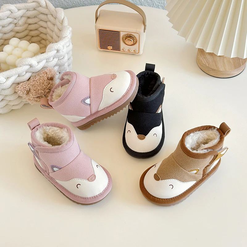 

Baby Walking Shoes Cute Animals Kids Snow Boots with Warm Fur 2025 Winter New Fashion Toddler Short Boots Soft Bottom Hook&loop
