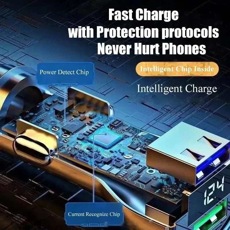 شاحن سيارة 240 وات، شحن سريع، محول بمنفذي USB لهاتف آيفون وسامسونج وشاومي، شواحن شحن سريعة مع شاشة رقمية