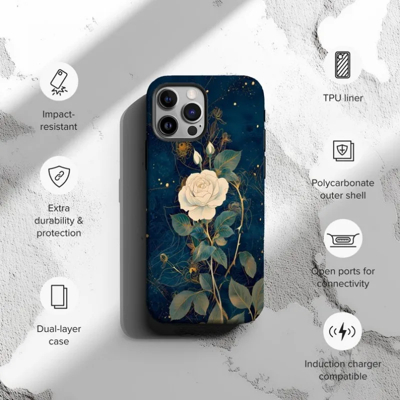 Celestial Elegant White Rose Phone Case For IPHONE 16 15PRO MAX 14 13 12 11 Acrylic TPU Two in one magnetic Phone Cases