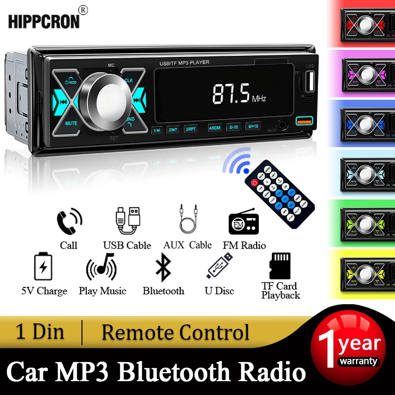 1 DIN Radio Stereo Receiver Digital Bluetooth MP3 Player Colorful With Dual USB AUX Inputs Auto Multimedia Automotive Car Audio
