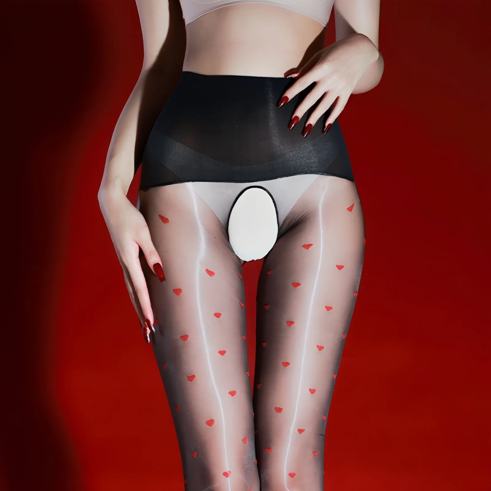 

3D Oil Shiny Leg Aurora See Through Stockings Women Sexy Ultra-thin Red Love Polka Dot Seamless Tights Open Crotch Pantyhose