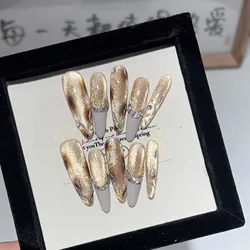 Japanese Amber Leopard Fake Nails Handmade Press On Nails Long False Nails Champagne Cat's Eye French Almond Nails Diamond Decor
