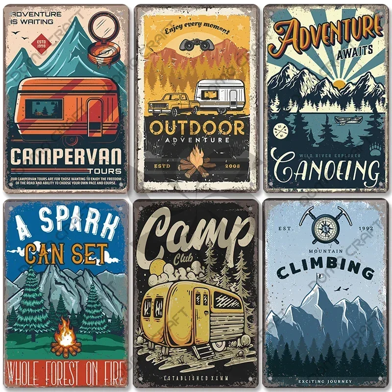 Camping Adventure Plaques Vintage Metal Plate Mountain Trip Campervan Tours Retro Metal Sign Wall Decor Travel Club Camping Cars