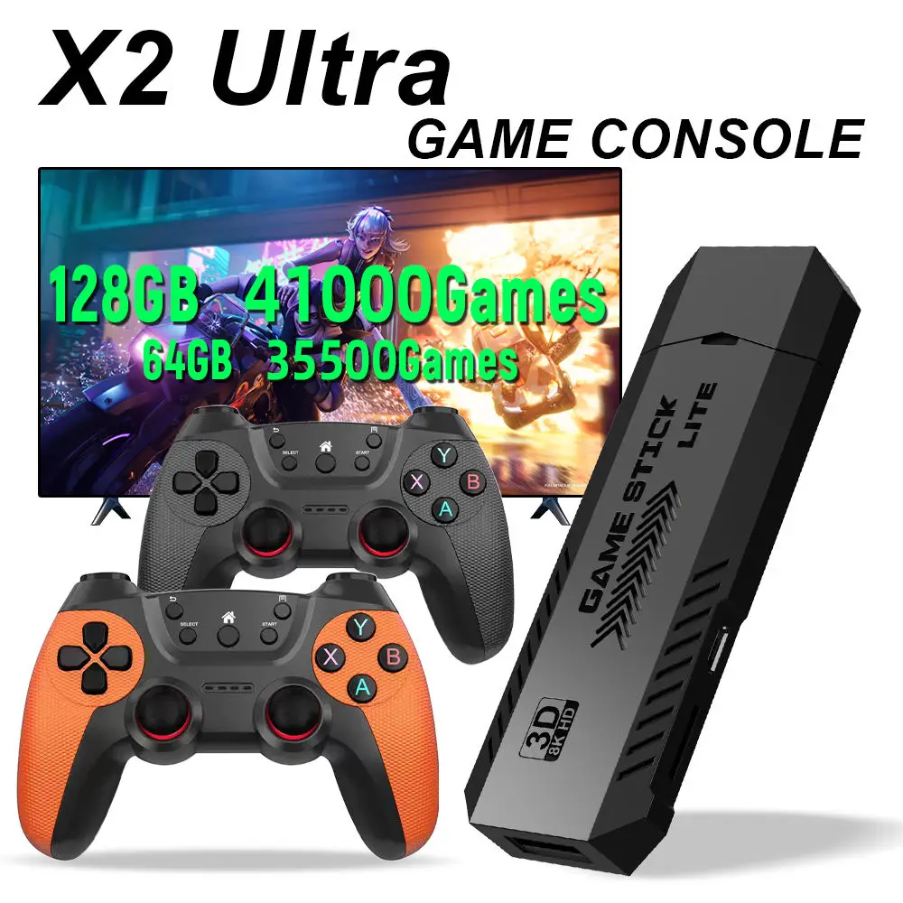 X2 Ultra Pro Retro Game Stick 64GB/128GB Console de Jogos Portátil com Vídeo 4K e Controle Sem Fio, Suporta Formatos de Jogos FC e GBC