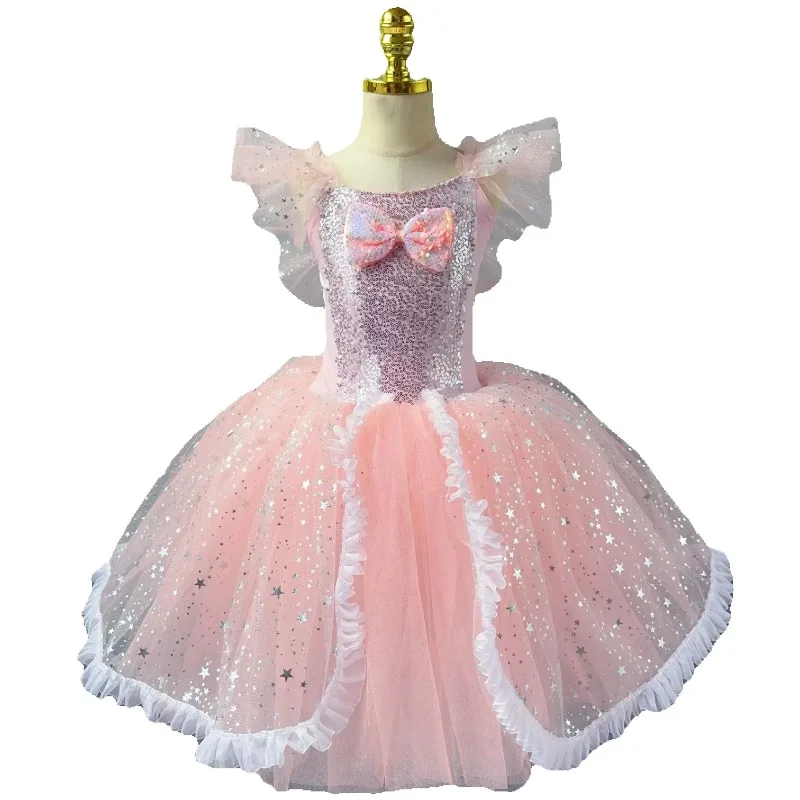Princess Girls Sequin Long Ballet Tutu Gauze Dress Tulle Skirts Ballerina Performance Dance Costume