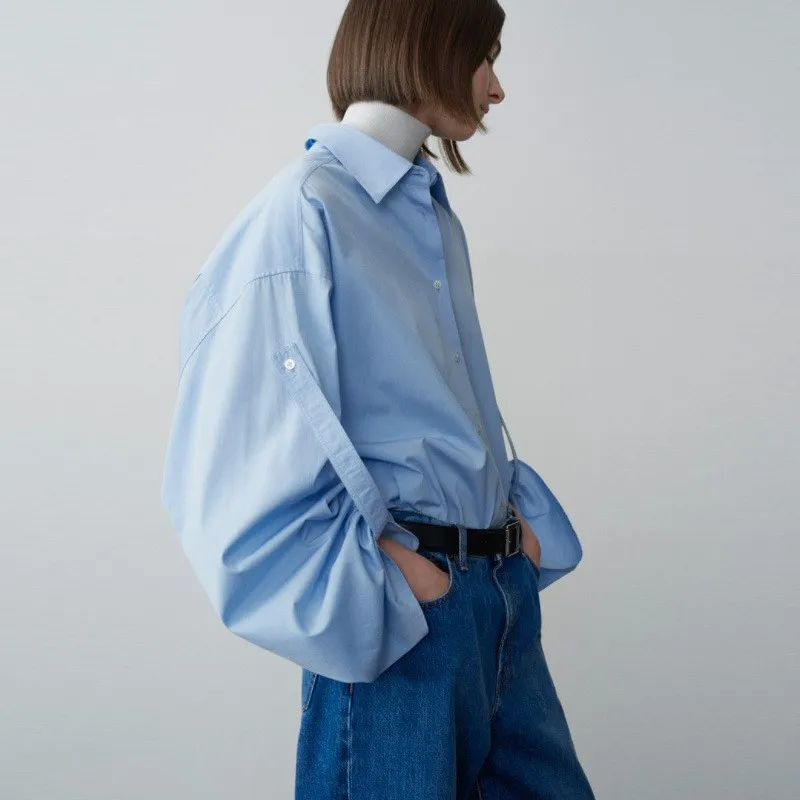 

Женская блузка Maxdutti 2026: весенняя, хлопковая, свободного кроя, в стиле бойфренд, французский минимализм, с рукавами-фонариками