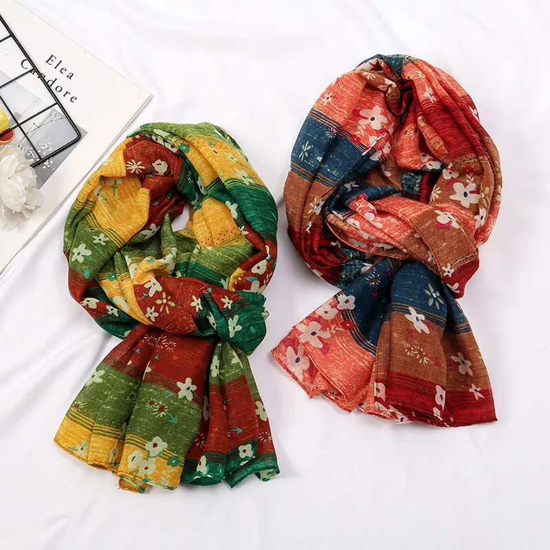 New Hot Sale Color Block Stripe Scarf for Women, Classic Popular Print Voile, Fresh Simple Turban Headwrap Cross Border