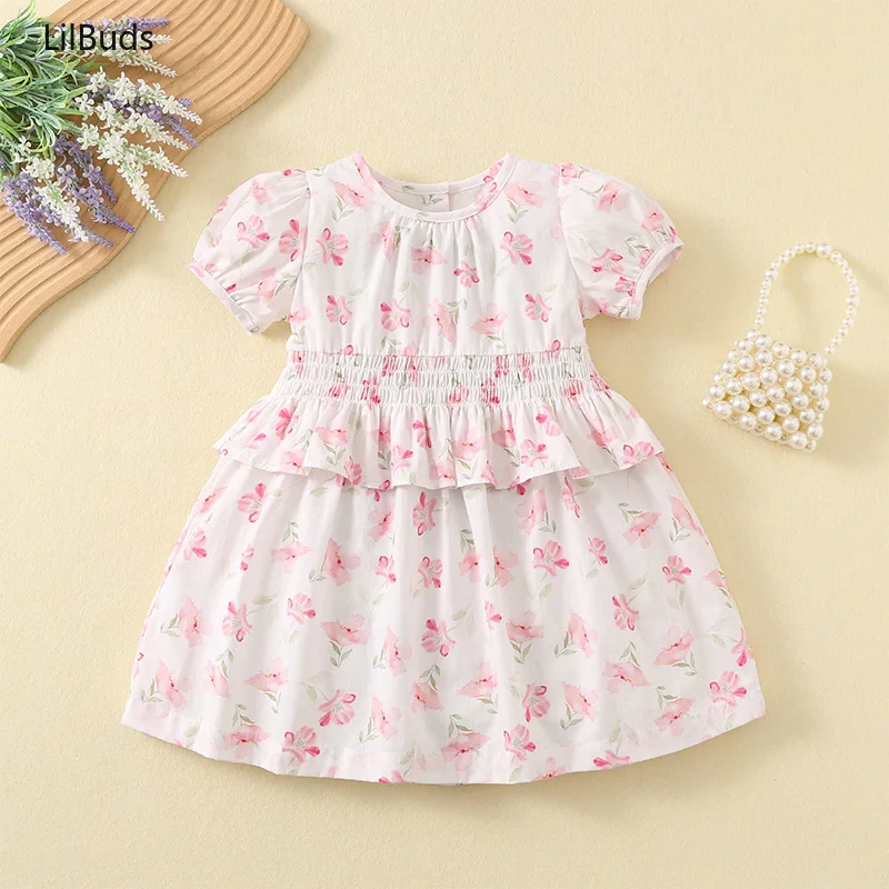 2024 Dress for Baby Girls Thin Breathable Short-Sleeved Kids Cute Pink Broken Cotton Clothes Matching Summer Children's Costume