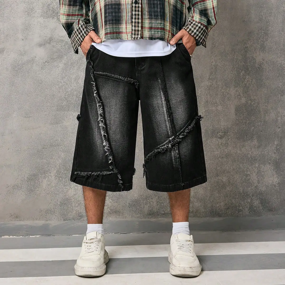 

Men's Vintage Distressed Denim Three-Quarter Capri Shorts Baggy Fit Frayed Edge Patchwork High Street Summer Streetwear