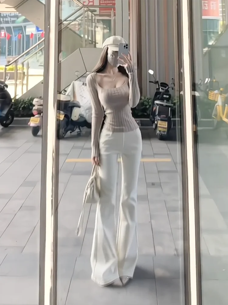 

High Waist Flared Jeans Women's Stylish Slim Fit Butt Lifting Korean Simple Design Milk White Denim Casual Autumn Fashion