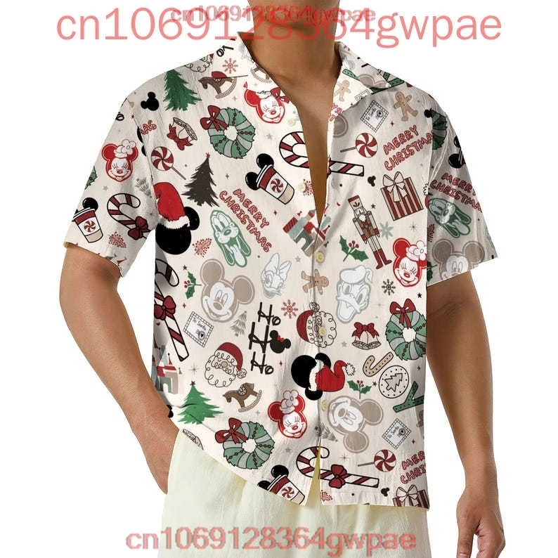 Mickey and Minnie Christmas Hawaiian Shirt Men's Women's Button Up Beach Shirt Disneyland Christmas Short-sleeved Casual Shirt