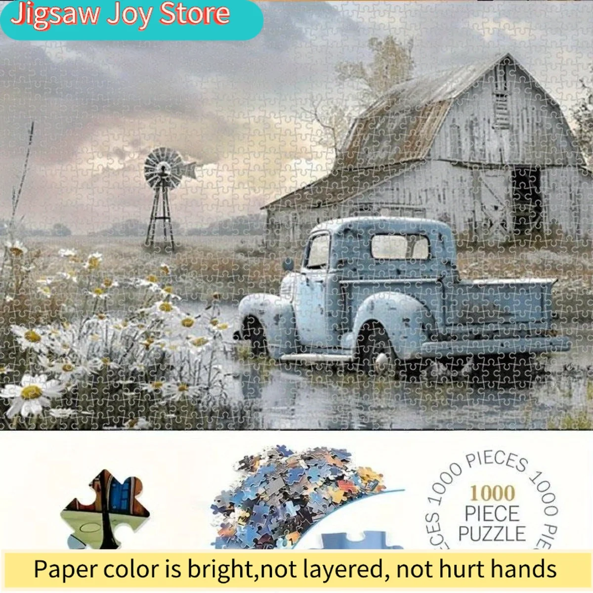 

1000pcs Vintage Farm Truck & Barn Puzzle - Pink, Blue, White, Green & Yellow Rural Scenery Suitable for, Challenging Puzzle fo