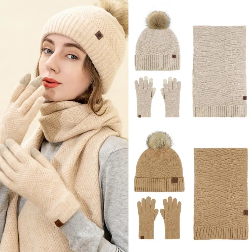 Stylish Wool Hat Scarf Gloves Set Winter Warm Knit Hat Scarf Gloves Set for Women Soft Wool Blend Cold-proof Design Gift for Her