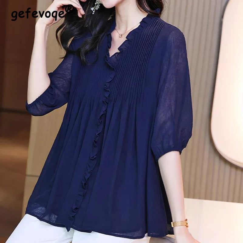 

Elegant Fashion Solid Color Folds Chiffon Shirt Summer 2023 New V-Neck Half Lantern Sleeve Loose Pullovers Blouse Women Clothing