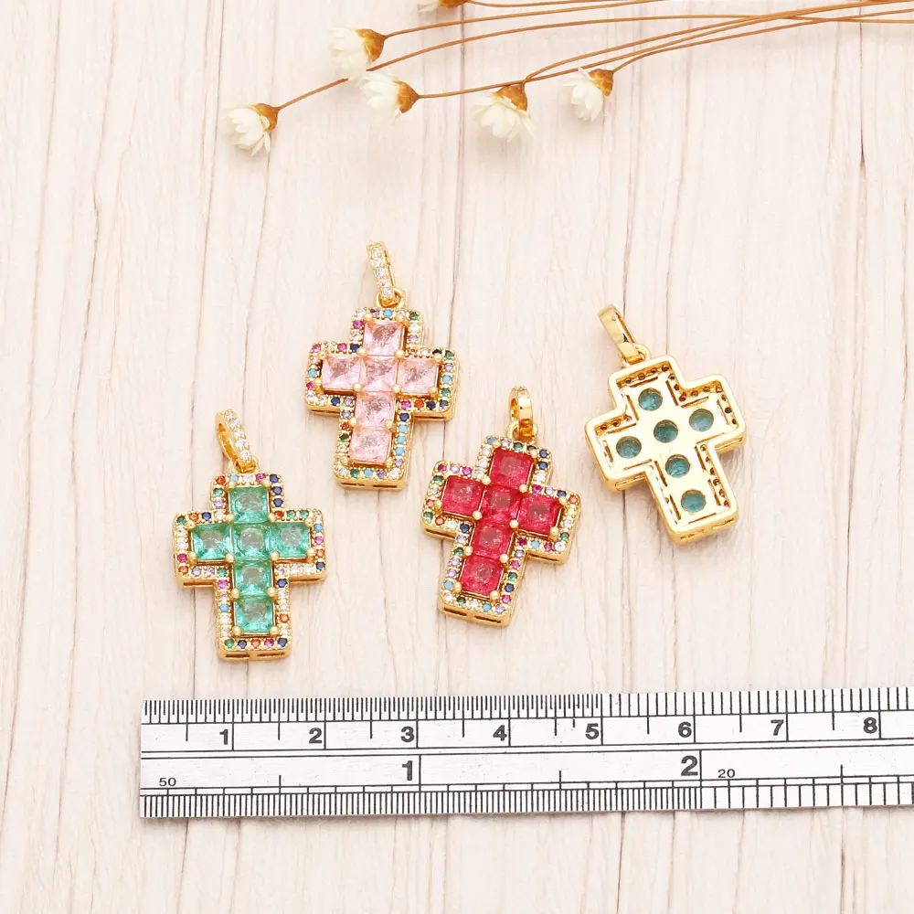 OCESRIO Trendy Multicolor Crystal Cross Pendant for Necklace Copper Gold Plated CZ Crucifix Jewelry Making Component pdtb277