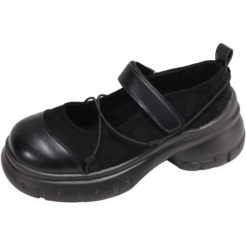

New Fashion Chunky Heel Women's Sneakers Black Gray Heightening Shallow Single Shoes Retro Thick Bottom Mary Jane Shoes Women