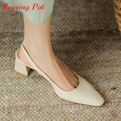 Krazing Pot Cow Leather Brand Shallow Square Toe Med Heels Spring Summer Shoes Office Lady Slingbacks Women Simple Shallow Pumps