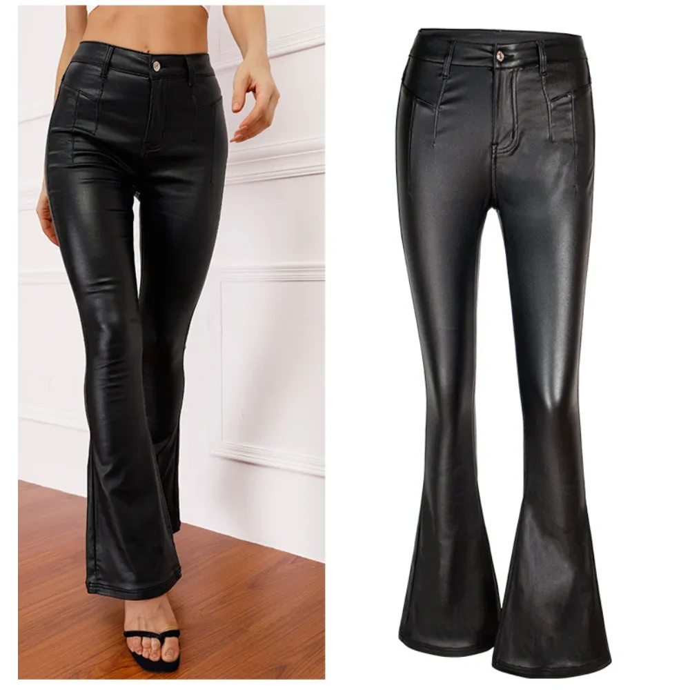 Women's High Waist Slim Fit Leather Pants, Fleece Lining, Rock Style, Flare Pants, Autumn, Winter