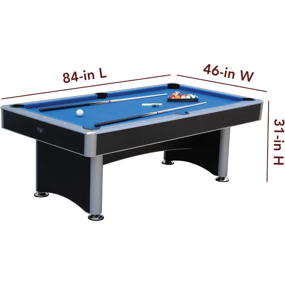 Billiards and table tennis multi-purpose game with blue felt and black table tennis surface. Includes cues, rackets, and balls