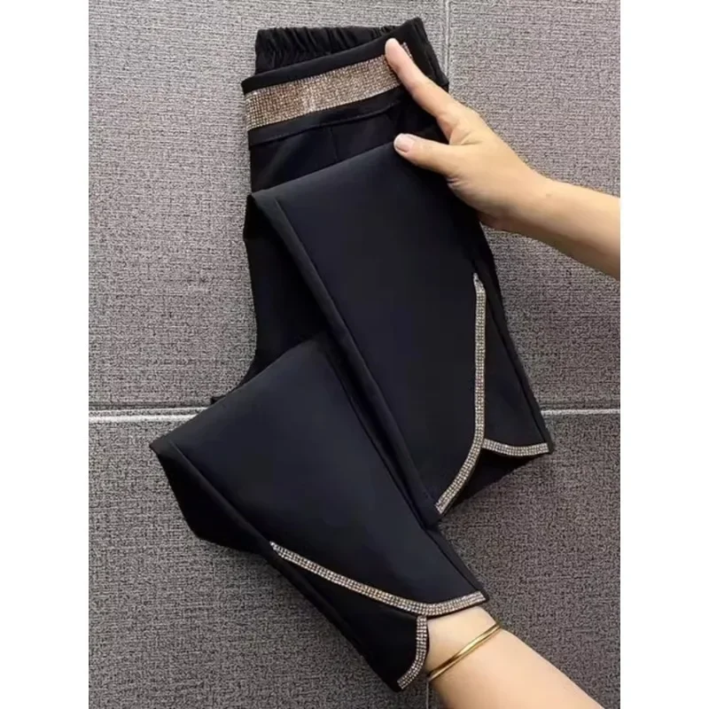Black Bright Diamond Stitching Casual Pants Fall/Winter New Loose Stretch High Waist Skinny Slim Plus Size Harlan Pants Women