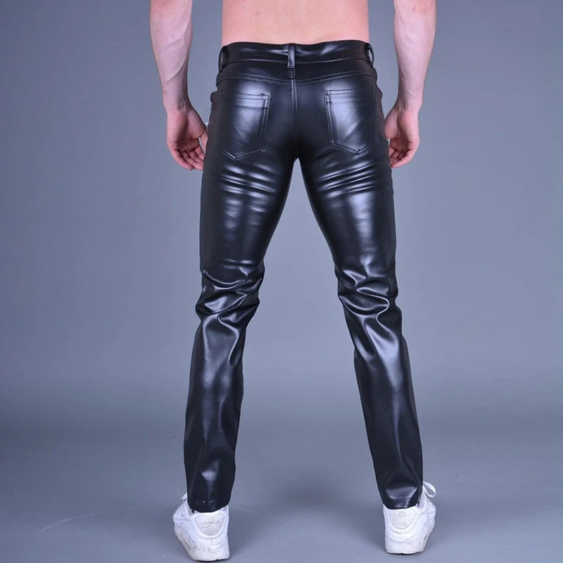 Black Matte Faux Latex Male Bodycon Pencil Pants Men's Chic Sexy PU Slim Trousers With Pocket New Leather Streetwear Pant Custom