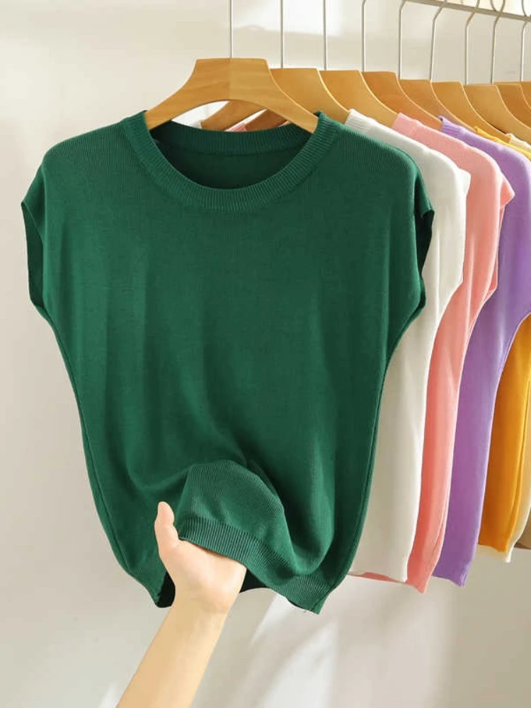 2026 Fashion Vest Shirt Solid O-neck Collar Knitted Sweater Short Sleeve Office Lady Loose Elegant All-Match Straight Tops