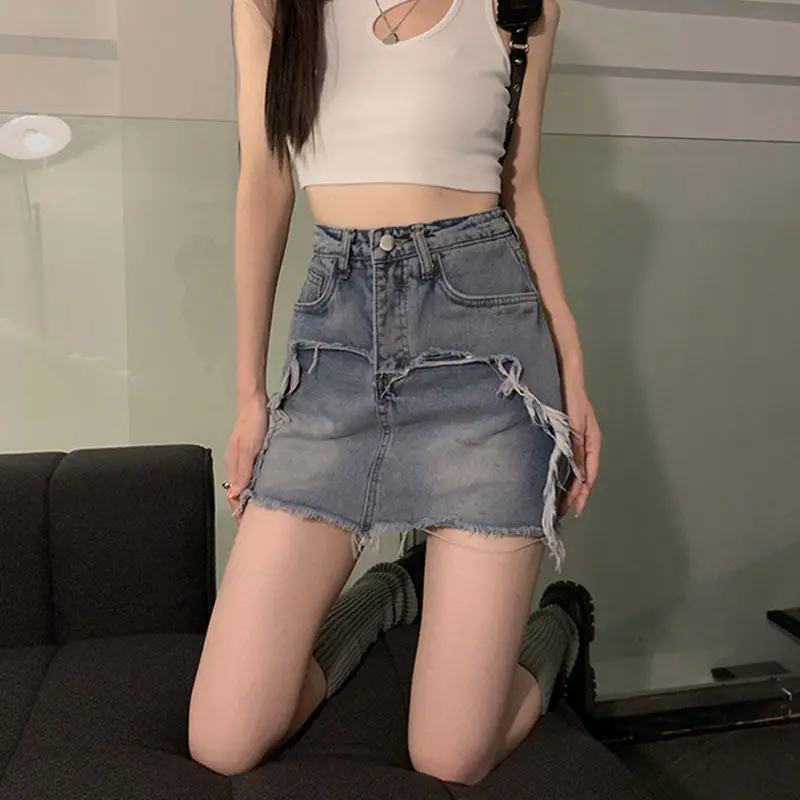 Denim Skirt High Quality Frayed Edge Design High Waist Women'S Spring And Summer 2024 New Slim A-Line Hip Skirt