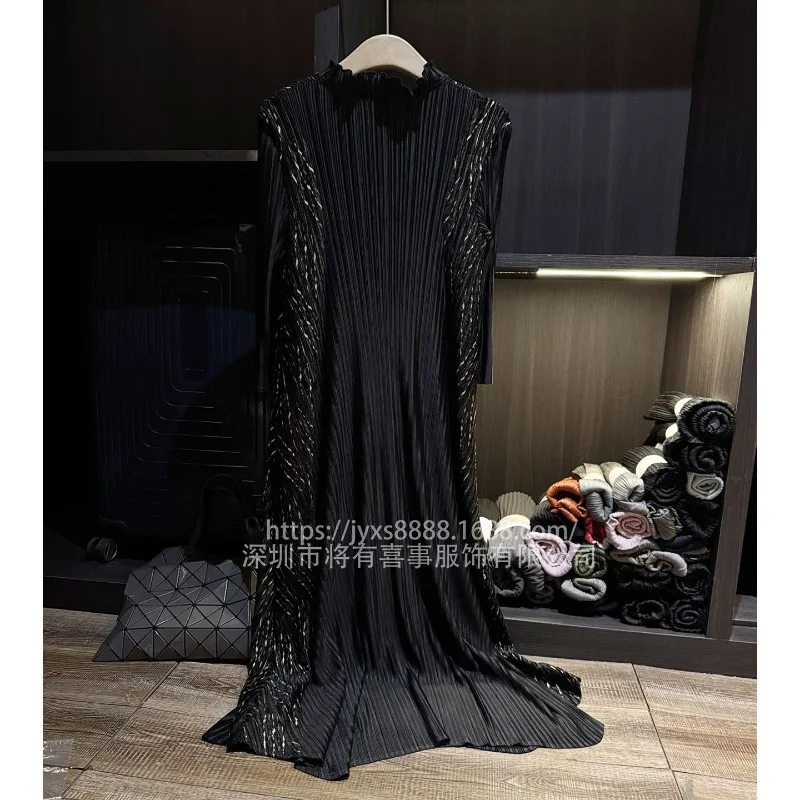 

Плиссированные платья Miyake, элегантное плиссированное платье с золотым тиснением и принтом, женское осеннее новое универсальное тонкое платье миди с длинными рукавами