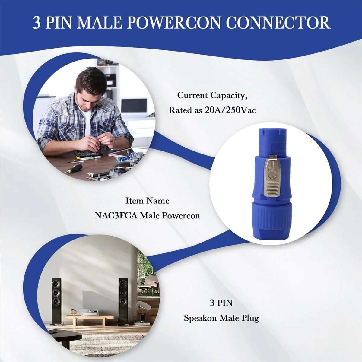 #58P (Gray-White&Blue)20PCS NAC3FCA NAC3FCB Speakon Plug 3 Pin Male Powercon Connector,Electronics Accessories