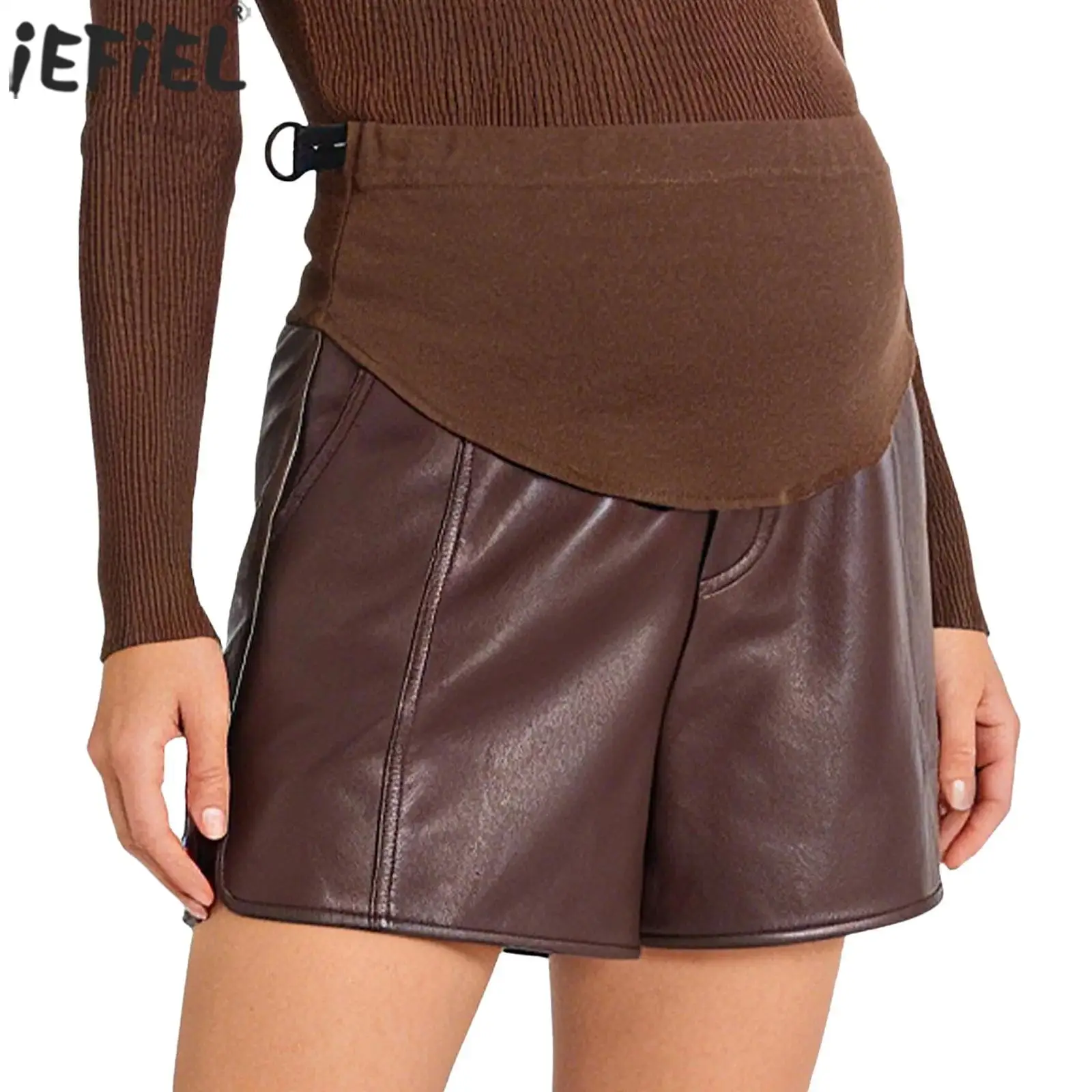 

Шорты для беременных из искусственной кожи, повседневные, с регулируемым эластичным поясом, выше живота, с боковыми разрезами, широкие, элегантные